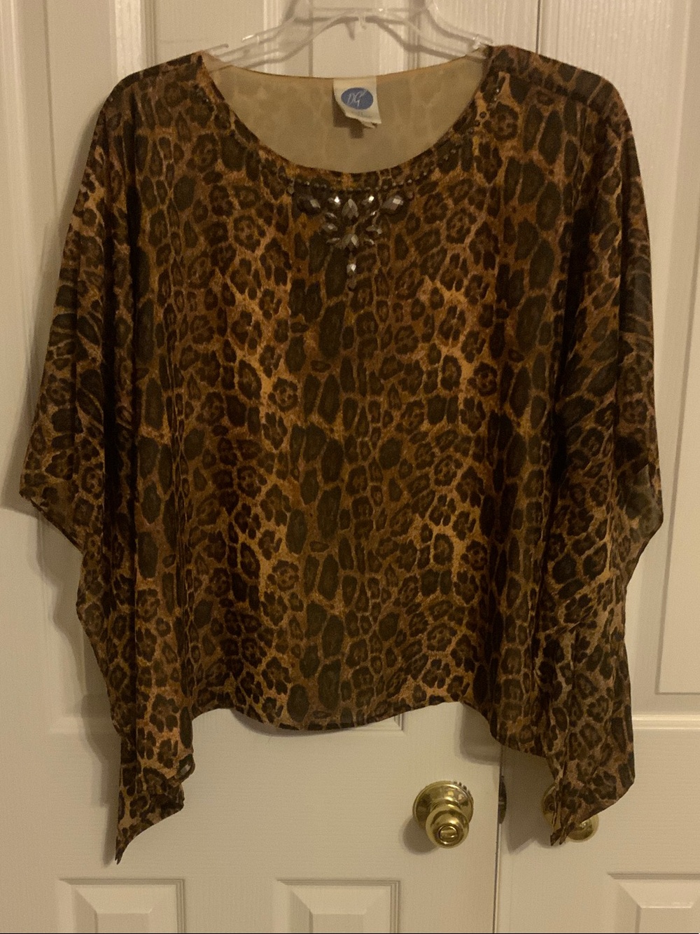 DG2 Diane Gilman Brown Leopard Print Women's Top w/Jeweled Neckline - 1X/XL